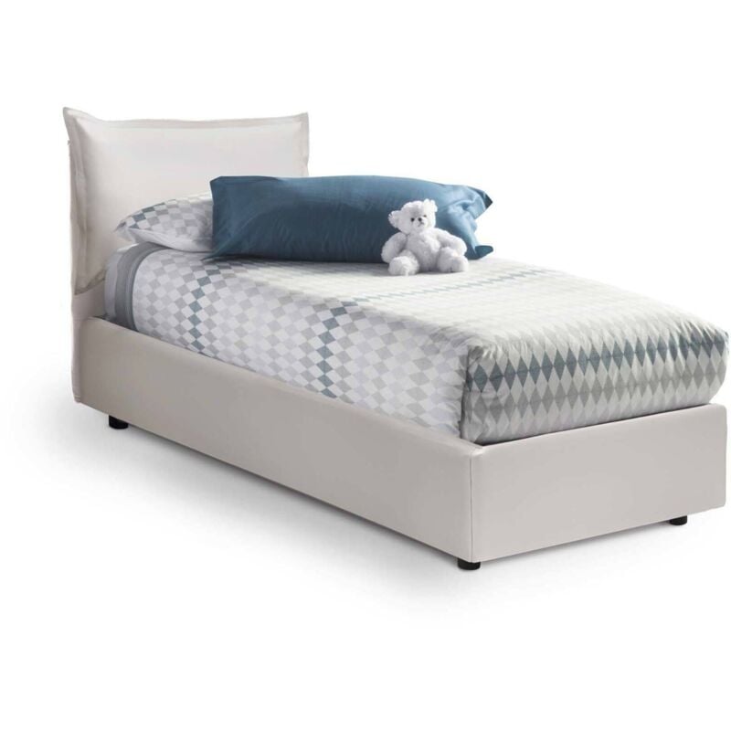 foto del prodotto letto singolo anathema, letto contenitore con rivestimento in ecopelle, 100 made in italy, apertura laterale, adatto per materasso cm 80x190, bianco