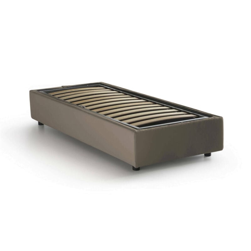 foto del prodotto letto singolo andros, letto contenitore con rivestimento in ecopelle, 100 made in italy, apertura laterale, adatto per materasso cm 80x190, tortora