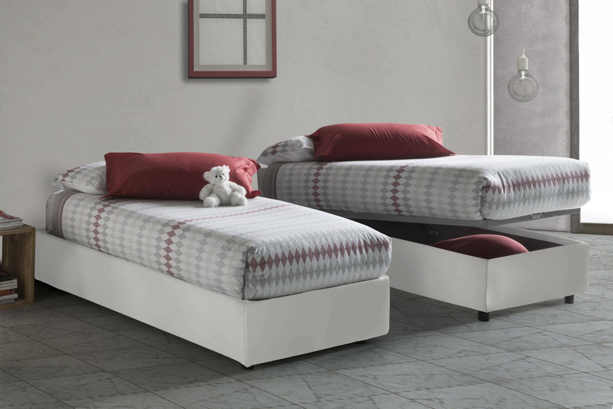 foto del prodotto letto singolo angelina, letto contenitore con rivestimento in ecopelle, made in italy, apertura frontale, adatto per materasso cm 90x190, bianco