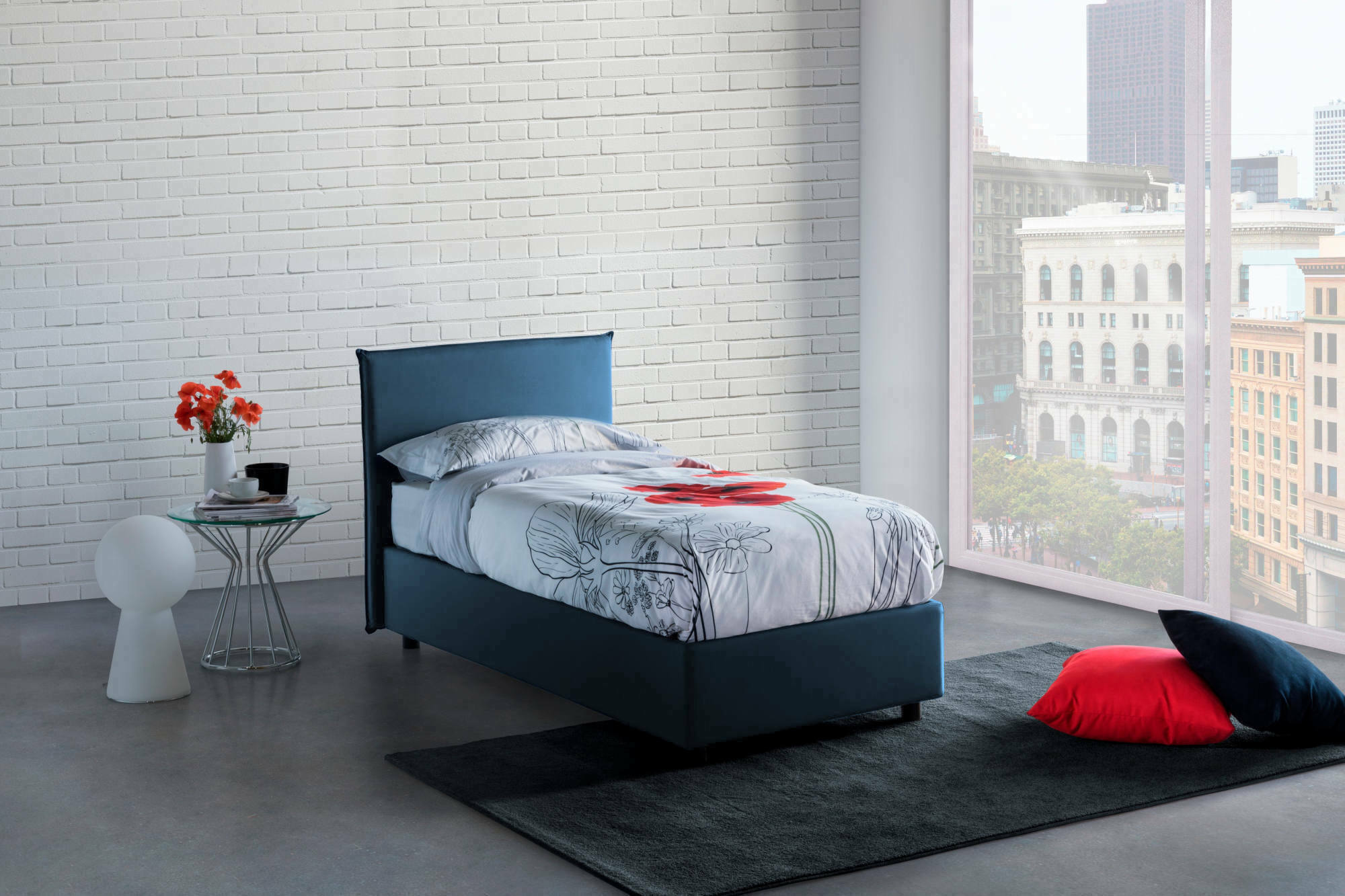 foto del prodotto letto singolo argentino, letto contenitore con rivestimento in tessuto, made in italy, apertura frontale, adatto per materasso cm 80x190, blu
