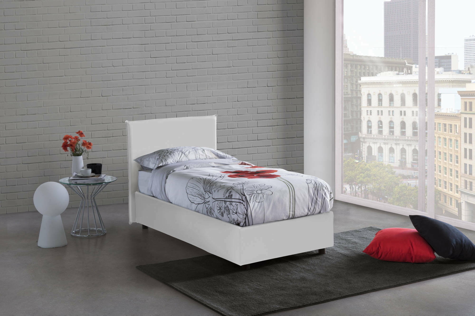 foto del prodotto letto singolo asio, letto contenitore con rivestimento in ecopelle, made in italy, apertura frontale, adatto per materasso cm 80x190, bianco