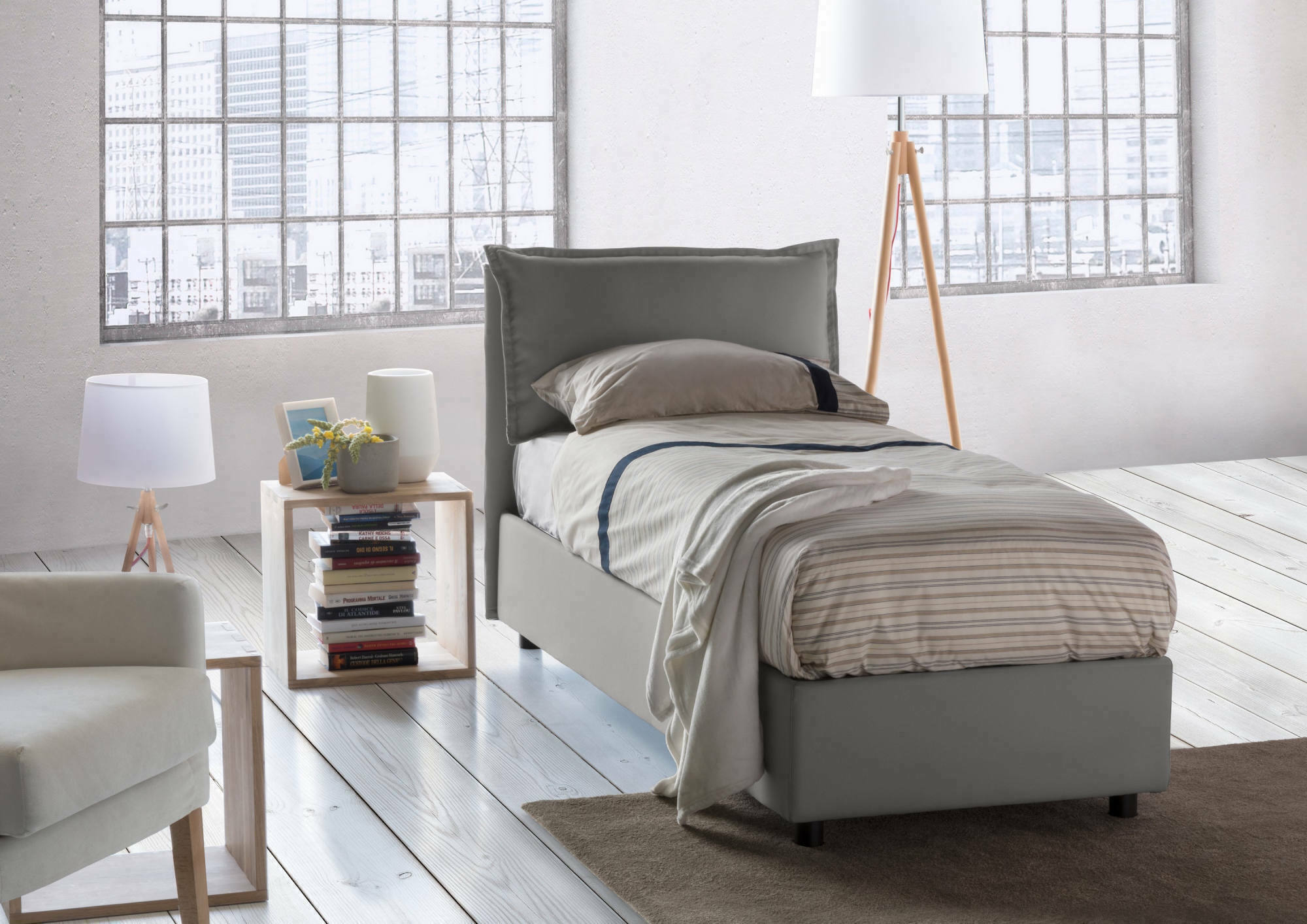 foto del prodotto letto singolo azzurrino, letto contenitore con rivestimento in tessuto, made in italy, apertura frontale, adatto per materasso cm 80x200, grigio