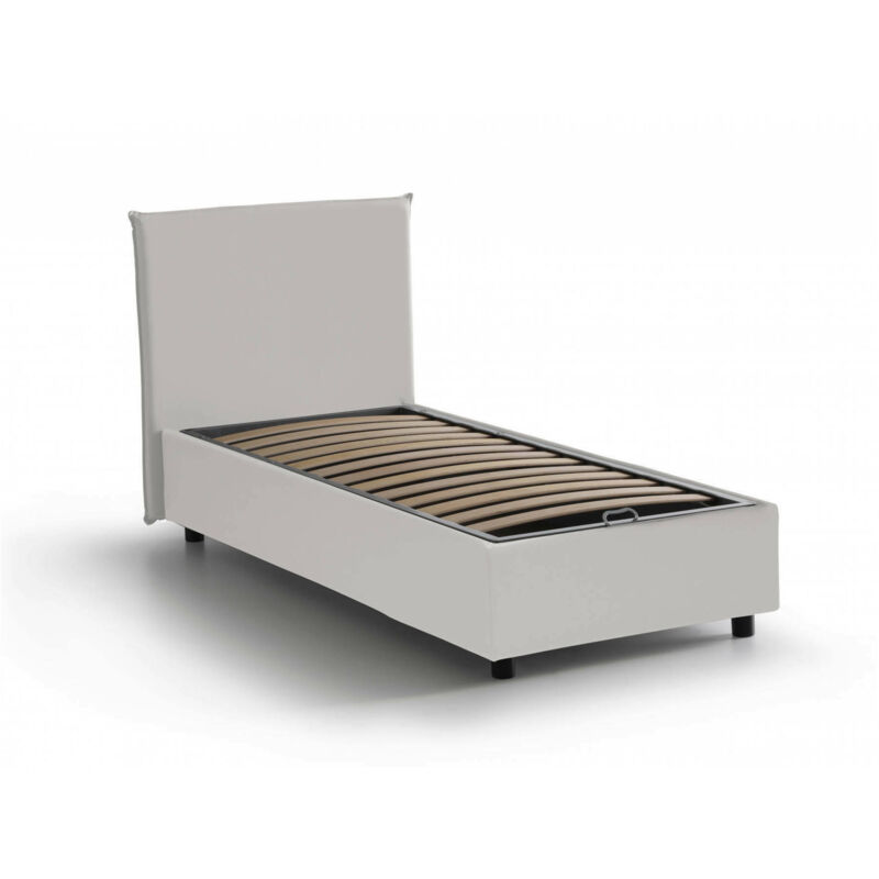 foto del prodotto letto singolo brigida, letto contenitore con rivestimento in ecopelle, 100 made in italy, apertura frontale, adatto per materasso cm 80x190, bianco,