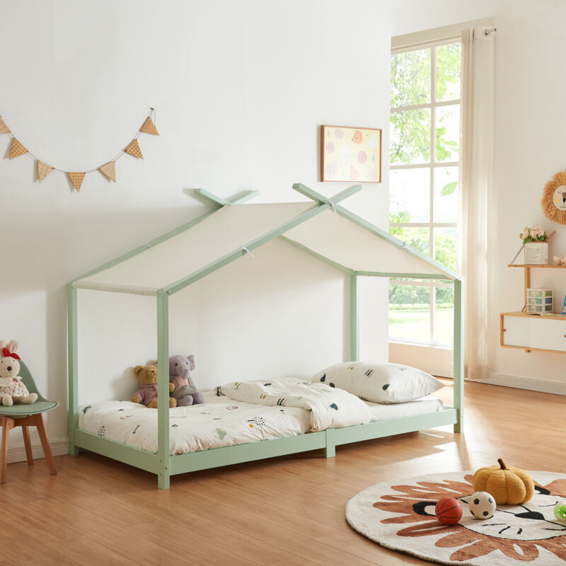 foto del prodotto letto singolo brome per cameretta a forma di casetta zona di riposo 90x200 cm legno menta verde en.casa 