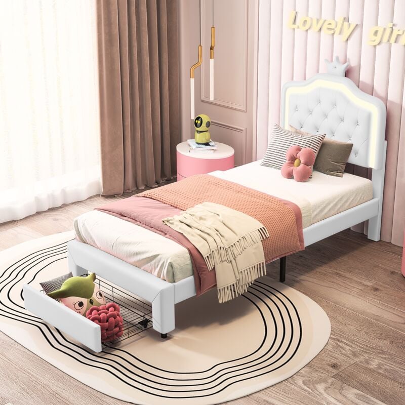 foto del prodotto letto singolo con cassetti 90x200 cm tessuto similpelle, testiera con corona, letto per bambini con illuminazione a led e 1 cassetto contenitore,