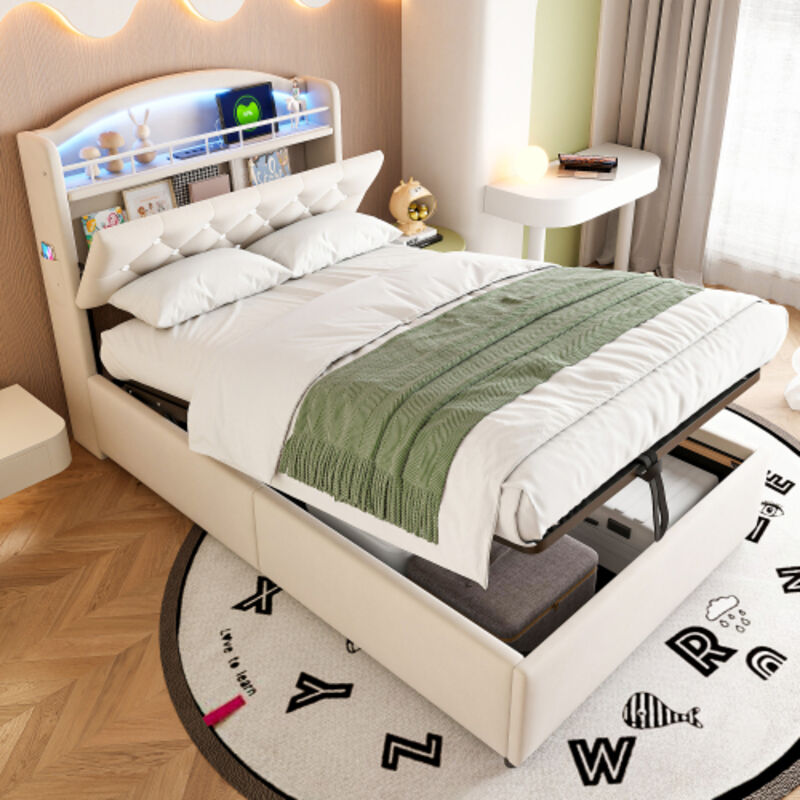 foto del prodotto letto singolo con contenitore 90x200 cm, per bambini, con led e porta usb, testiera con contenitore, in velluto, senza materasso, beige