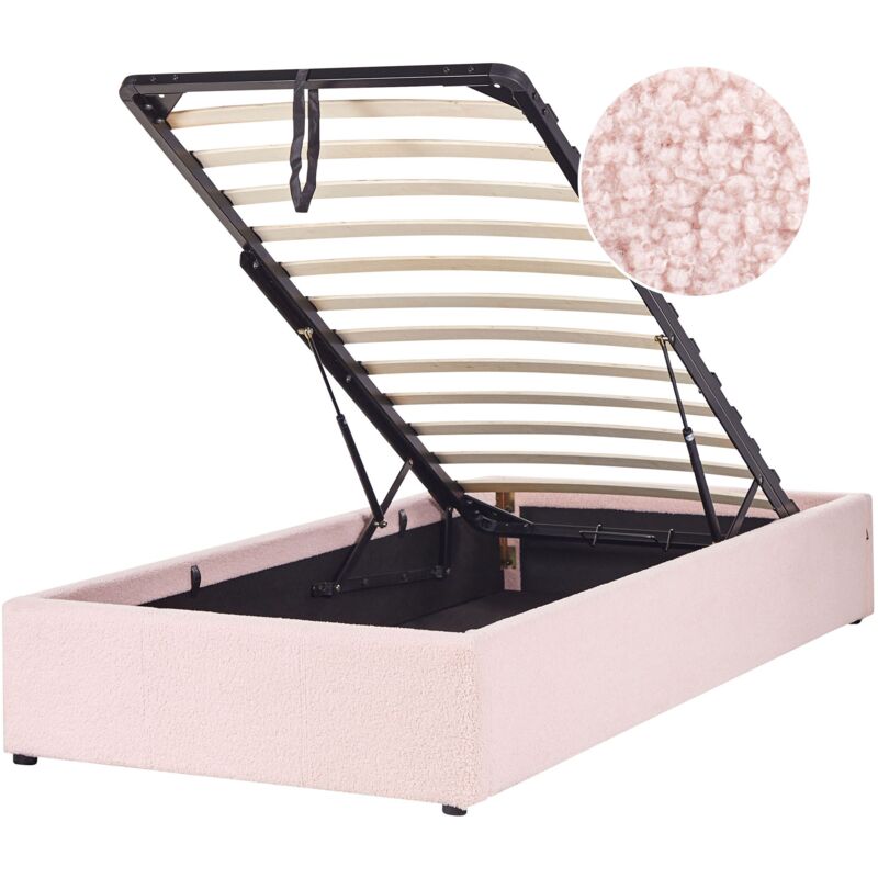 foto del prodotto letto singolo con contenitore in tessuto boucl rosa 90 x 200 cm dinan