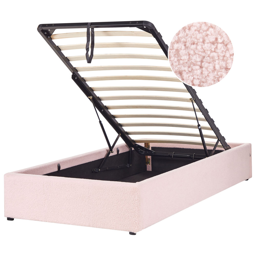 foto del prodotto letto singolo con contenitore in tessuto bouclè rosa 90 x 200 cm portaoggetti stile moderno