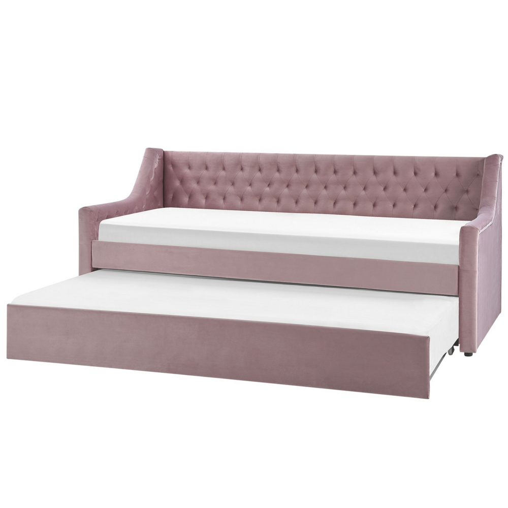 foto del prodotto letto singolo con letto estraibile 90 x 200 cm in velluto rosa con rete a doghe