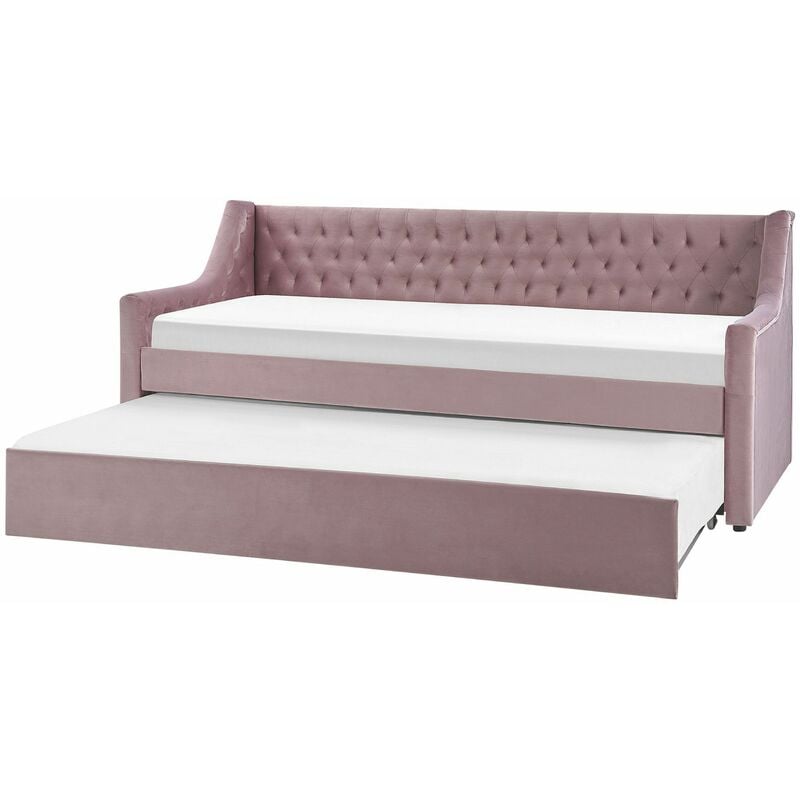 foto del prodotto letto singolo con letto estraibile 90 x 200 cm in velluto rosa con rete a doghe montargis
