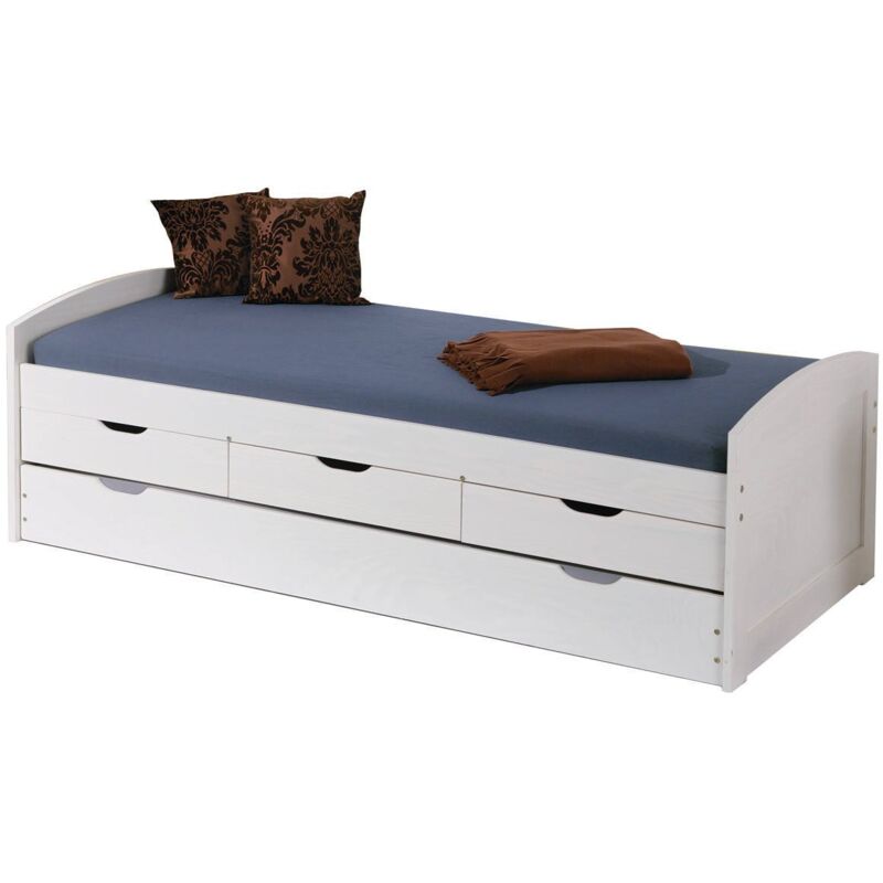 foto del prodotto letto singolo con letto estraibile inferiore e tre cassetti, colore bianco, cm 98 x 63 x 195, con imballo rinforzato dmora