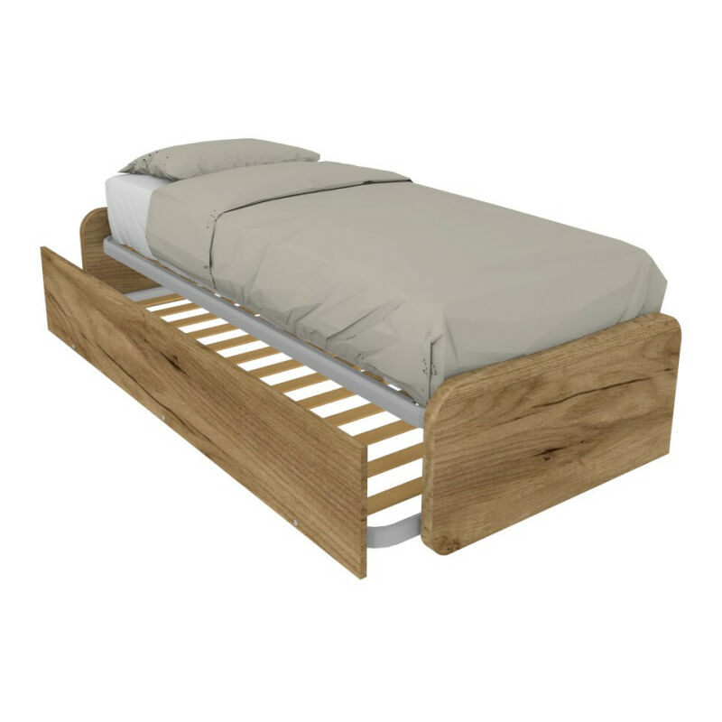 foto del prodotto letto singolo con letto estraibile, trasformabile in matrimoniale. testate personalizzabili, reti in acciaio e doghe in faggio quercia