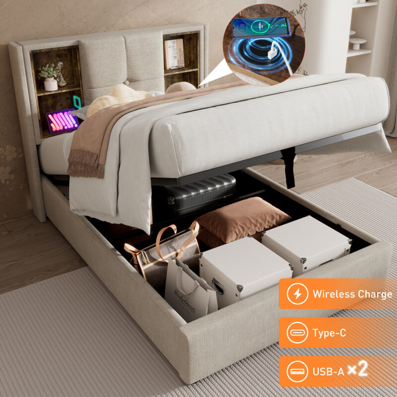 foto del prodotto letto singolo con ricarica wireless usb c, giroletto imbottito 90x200 cm, giroletto con vano contenitore, rete a doghe in legno e lino naturale