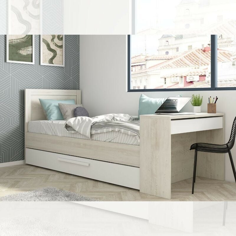 foto del prodotto letto singolo con scrivania integrata e letto estraibile colore bianco vintage e bianco