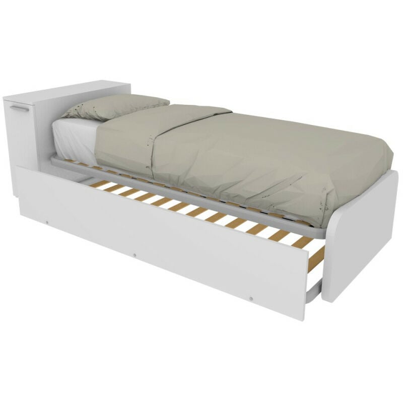 foto del prodotto letto singolo con secondo letto estraibile e testata testiera contenitiva 80x190 bianco