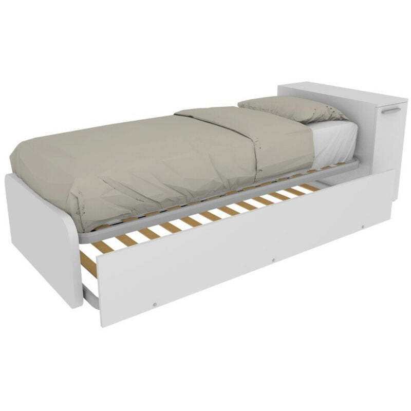 foto del prodotto letto singolo con secondo letto estraibile e testata testiera contenitiva 80x190 bianco