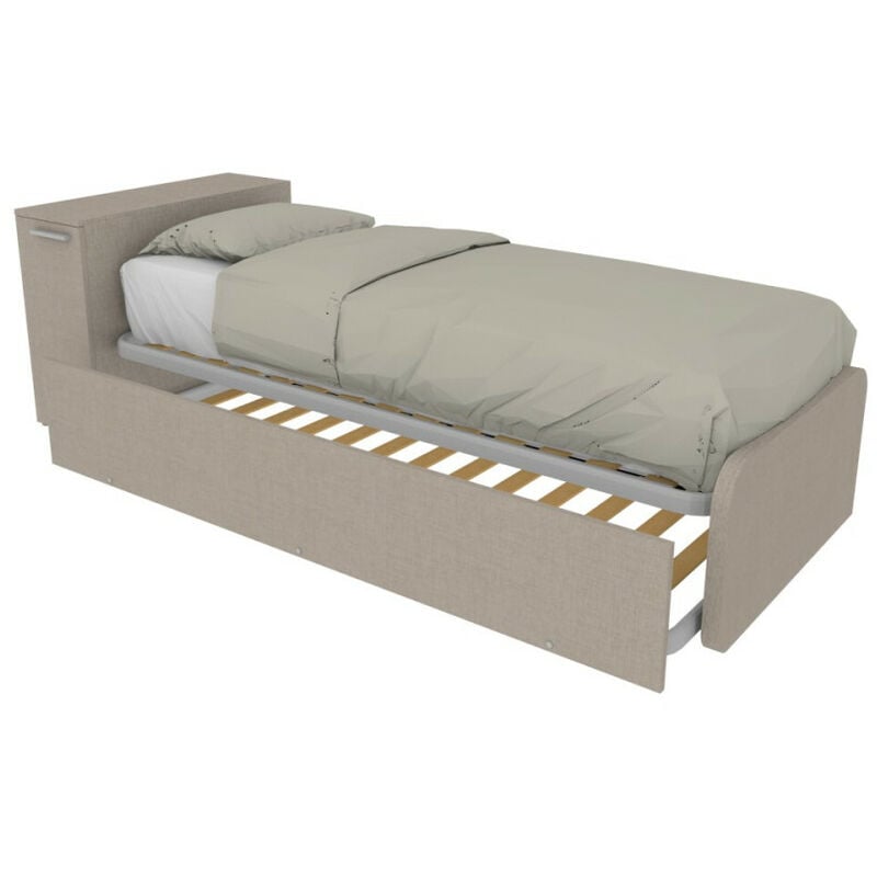 foto del prodotto letto singolo con secondo letto estraibile e testata testiera contenitiva 80x190 effetto tessuto