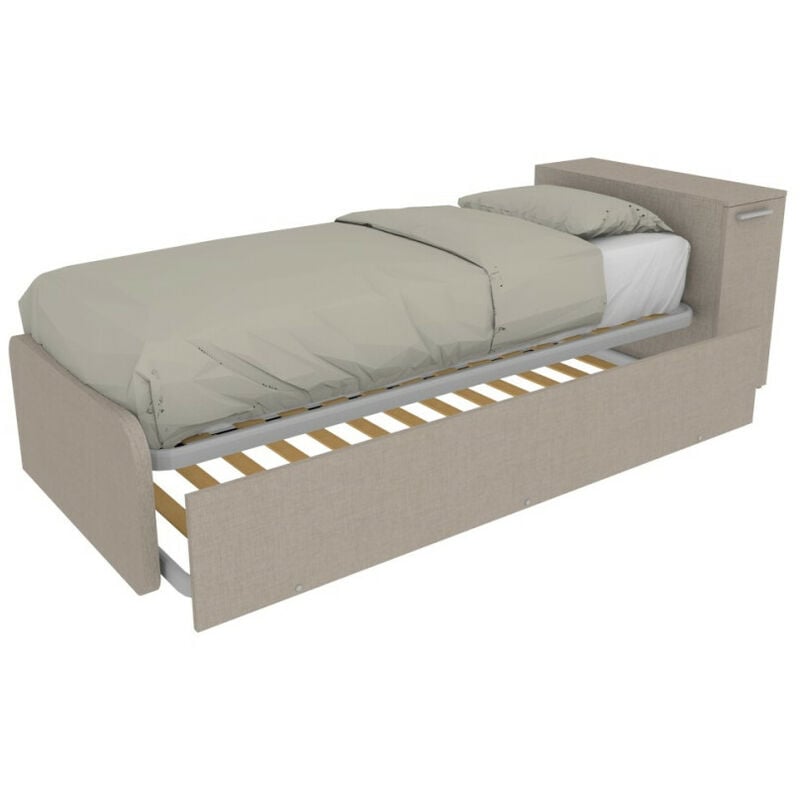 foto del prodotto letto singolo con secondo letto estraibile e testata testiera contenitiva 80x190 effetto tessuto
