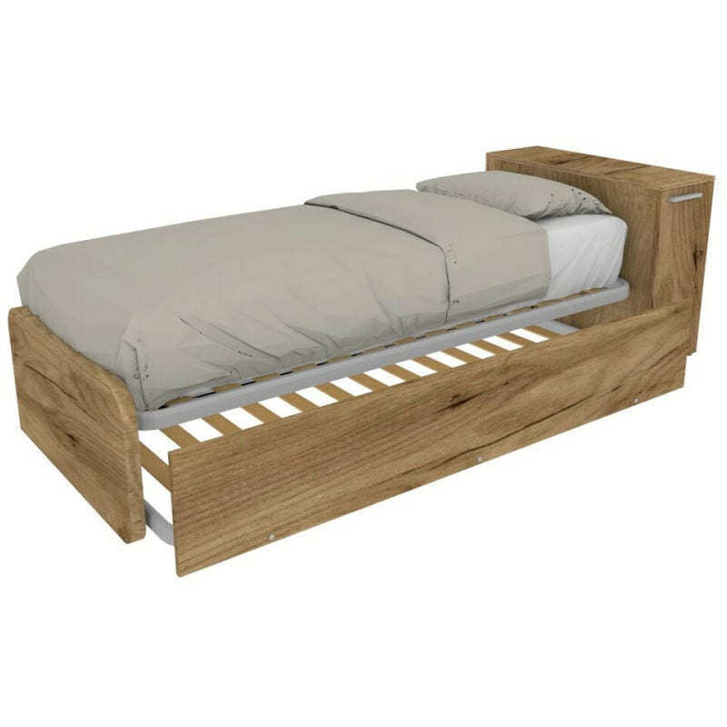 foto del prodotto letto singolo con secondo letto estraibile e testata testiera contenitiva 80x190 quercia