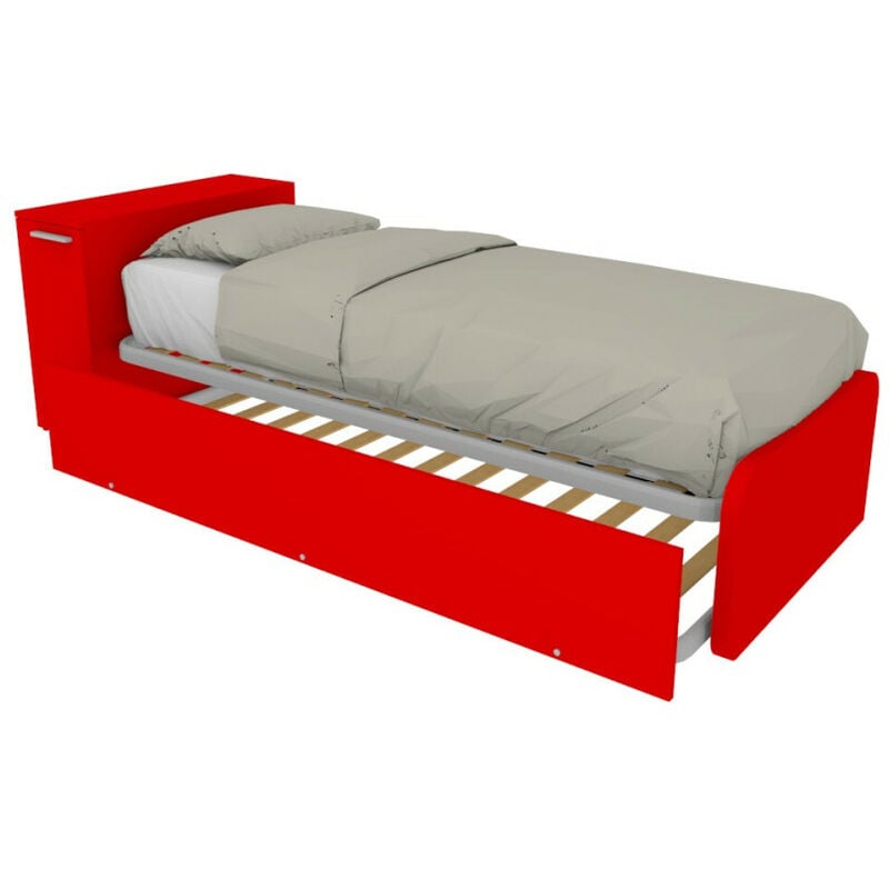 foto del prodotto letto singolo con secondo letto estraibile e testata testiera contenitiva 80x190 rosso