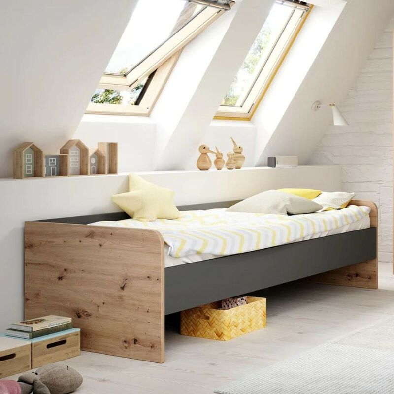 foto del prodotto letto singolo con struttura in legno colore rovere e antracite gap system