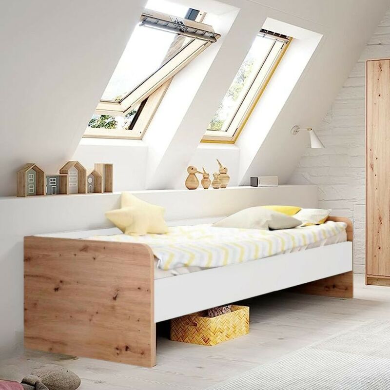foto del prodotto letto singolo con struttura in legno colore rovere e bianco gap system