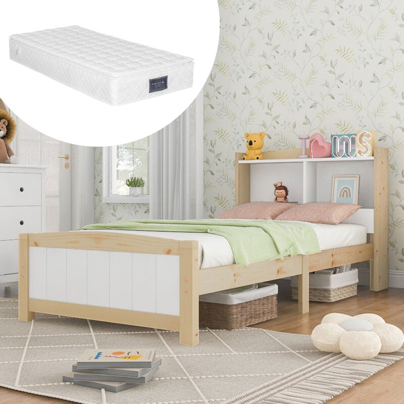 foto del prodotto letto singolo con testiera contenitore in legno massello, giroletto 90 x 200 cm con rete a doghe, letto in legno con testiera, lettino per bambini,