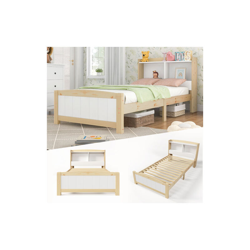 foto del prodotto letto singolo con testiera contenitore in legno massiccio, struttura letto 90 x 200 cm con rete a doghe, letto in legno con testiera, lettino per