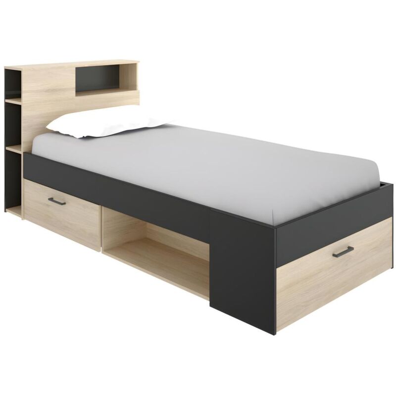 foto del prodotto letto singolo con testiera portaoggetti e cassetto 90 x 190 cm antracite e naturale leandre