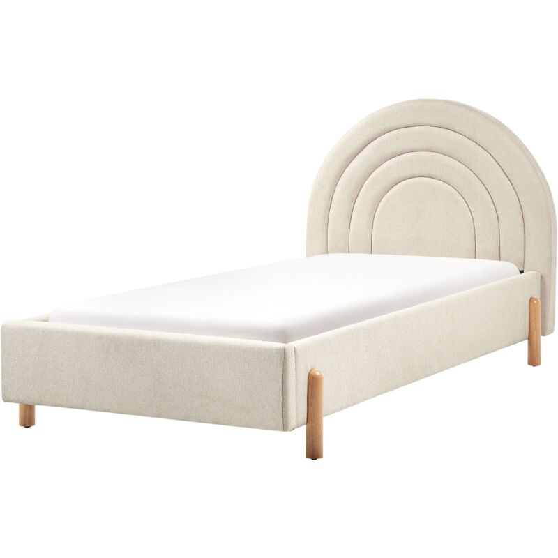 foto del prodotto letto singolo con testiera rotonda in tessuto beige chiaro con base a doghe gambe in legno anet