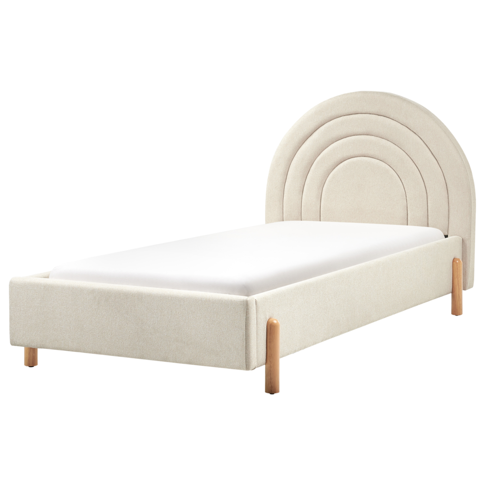foto del prodotto letto singolo con testiera rotonda in tessuto beige chiaro con base a doghe gambe in legno con testiera a mezza luna
