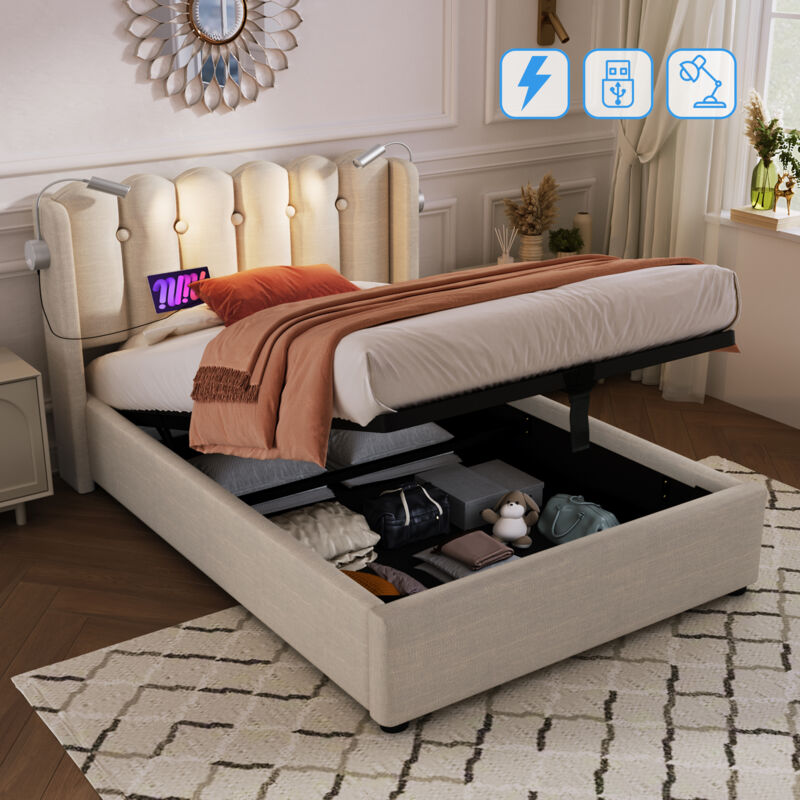 foto del prodotto letto singolo contenitore imbottito 90 x 200 cm, lampada da lettura con ricarica, in lino, beige
