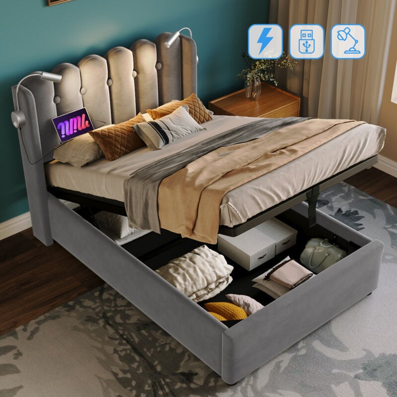 foto del prodotto letto singolo contenitore imbottito 90 x 200 cm, lampada da lettura con ricarica, in velluto, grigio