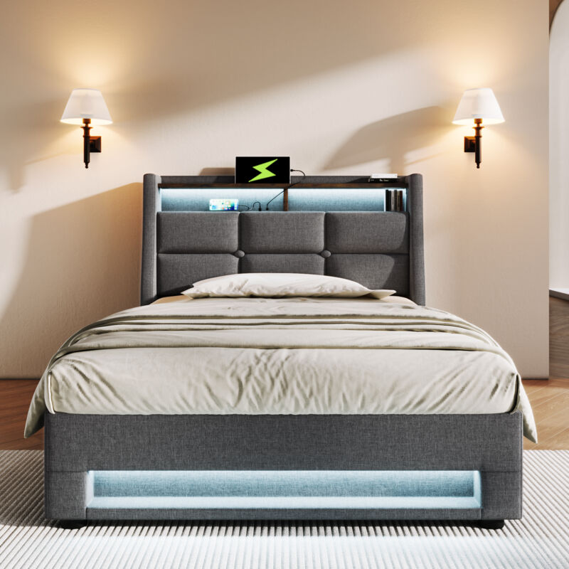 foto del prodotto letto singolo contenitore imbottito teen bed 90 x 200 cm con usb e led, base in metallo, struttura in lino, grigio, senza materasso