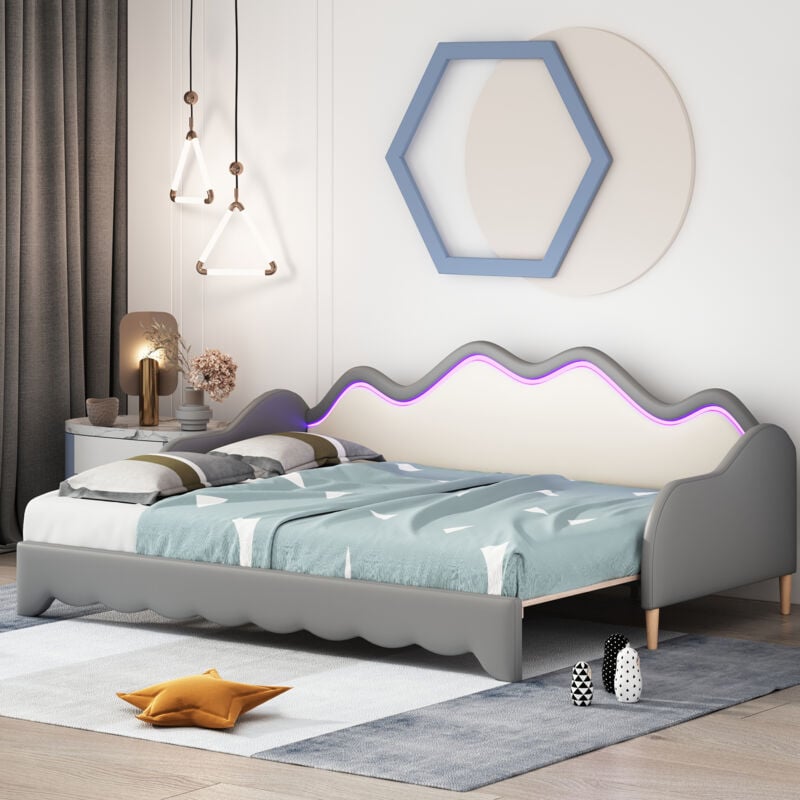 foto del prodotto letto singolo divano letto per bambini 90 x 190 cm e 180 x 190 cm con illuminazione a led, rete a doghe, in similpelle, grigio