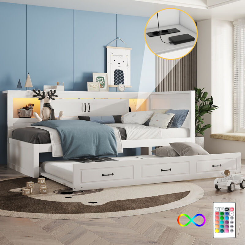 foto del prodotto letto singolo estraibile 90x200 cm, divano letto con illuminazione a led, comodino con contenitore e presa usb, in mdf, bianco, senza materasso