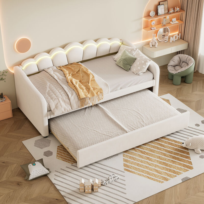foto del prodotto letto singolo estraibile 90x200 cm, divano letto, letto matrimoniale imbottito con illuminazione a led, in velluto beige, senza materasso