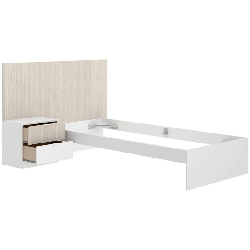 foto del prodotto letto singolo guillermo, sommier per camera da letto, giroletto per stanza, struttura porta materasso, 146x195 h106 cm, bianco e rovere dmora