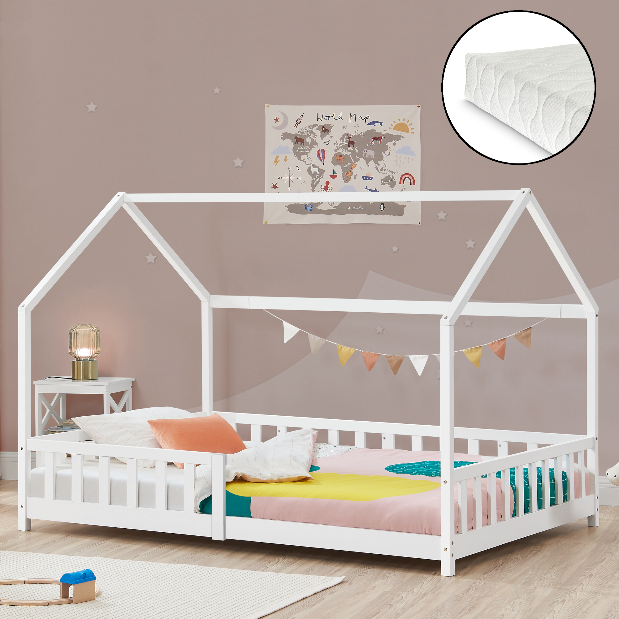 foto del prodotto letto singolo hesel per cameretta forma di casetta con materasso 90 x 200 cm bianco en.casa 