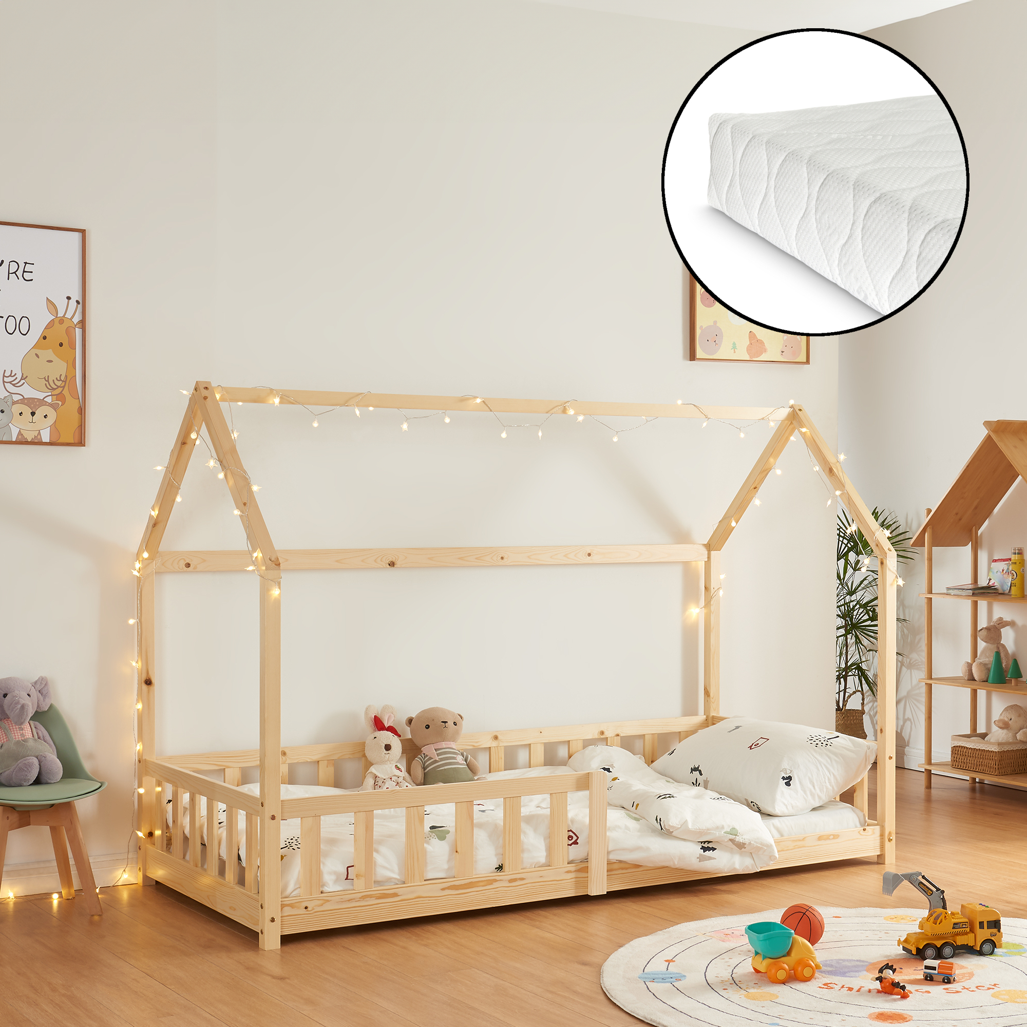 foto del prodotto letto singolo hesel per cameretta forma di casetta con materasso 90 x 200 cm naturale en.casa 