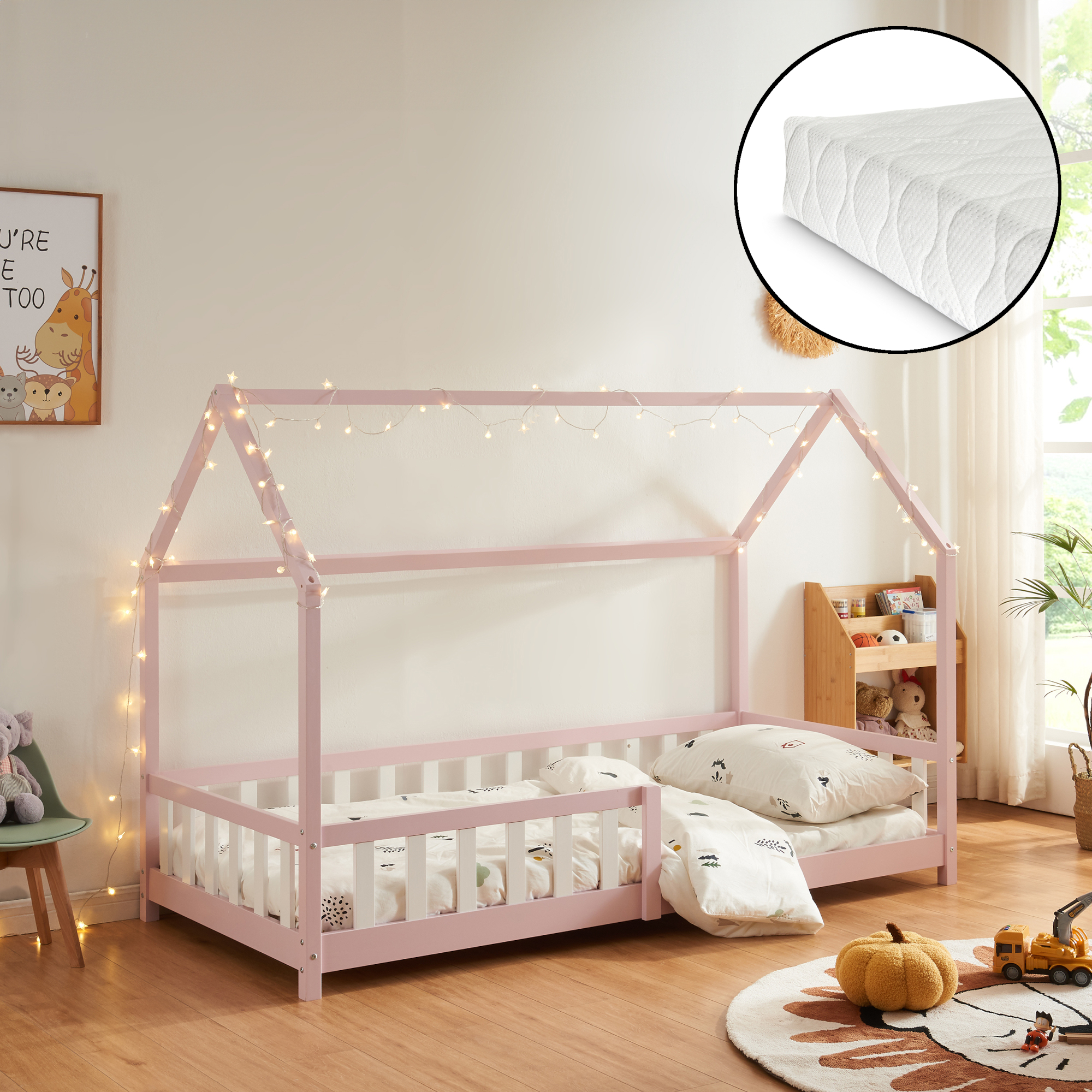 foto del prodotto letto singolo hesel per cameretta forma di casetta con materasso 90 x 200 cm rosa en.casa 
