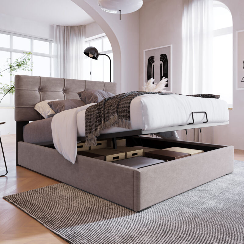 foto del prodotto letto singolo idraulico imbottito 90x200 cm, testiera regolabile, letto con rete a doghe in metallo, velluto, giroletto moderno con vano contenitore,