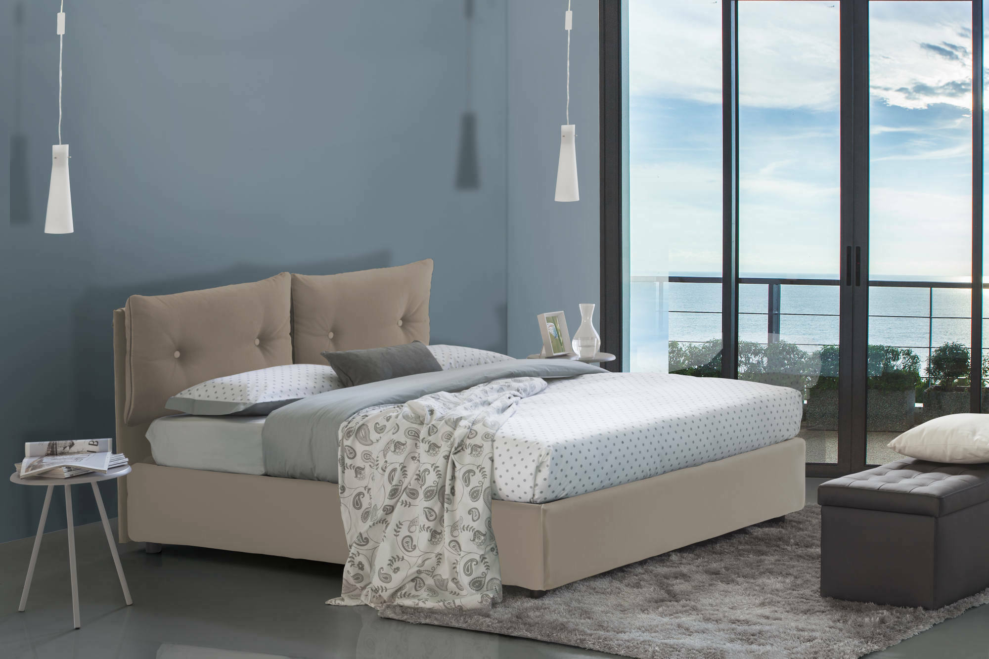 foto del prodotto letto singolo ildegarda, letto contenitore con rivestimento in ecopelle, made in italy, apertura frontale, adatto per materasso cm 80x190, tortora