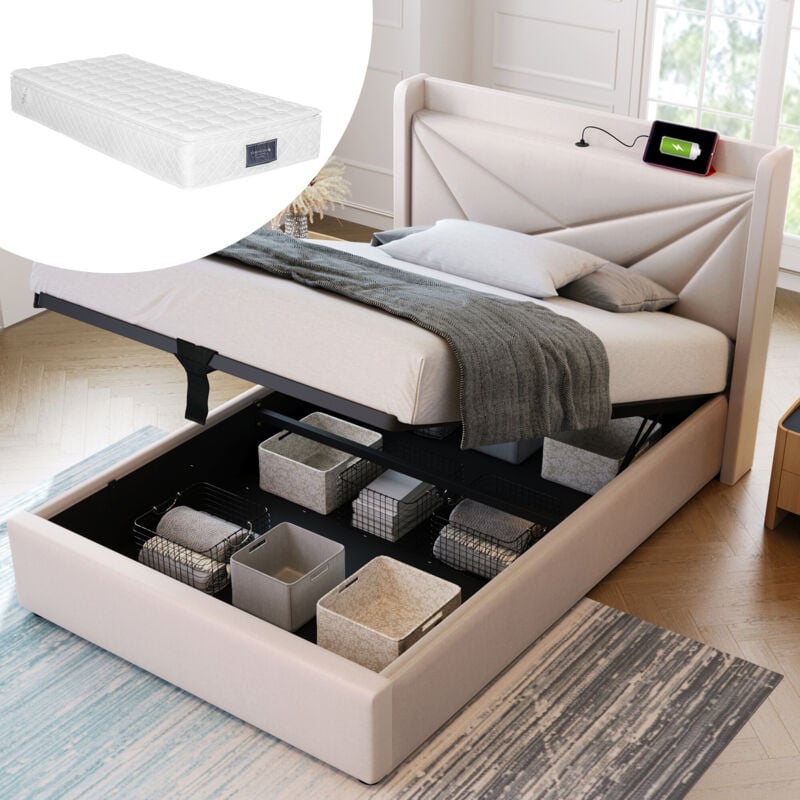 foto del prodotto letto singolo imbottito con box contenitore, testiera con funzione di ricarica usb tipo c, letto per adolescenti 90x200 con rete a doghe con