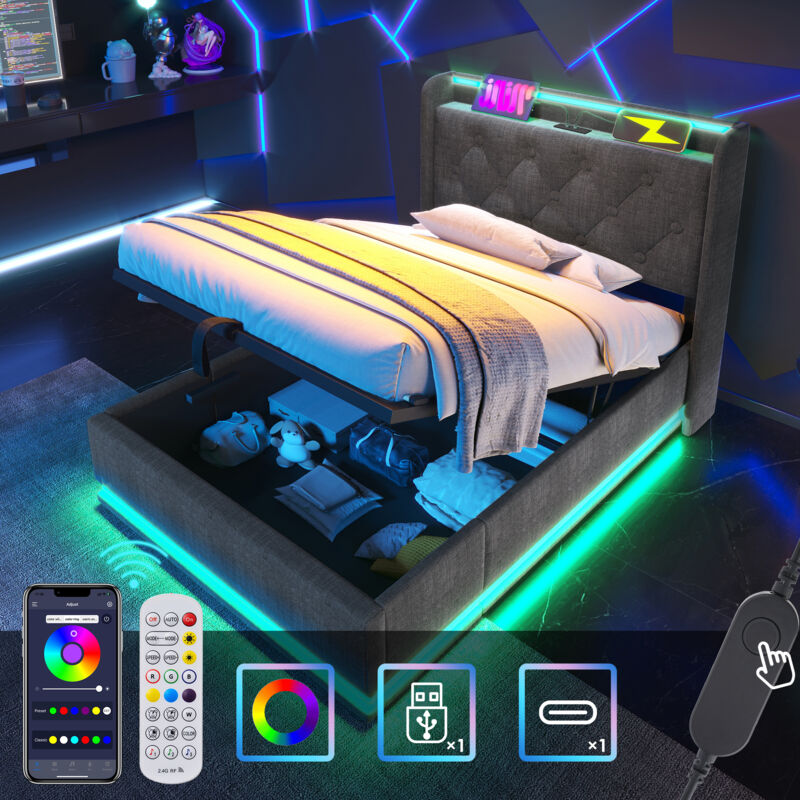 foto del prodotto letto singolo imbottito, funzione led 360 surround, pulsante app telecomando, 90 x 200 cm, tessuto di lino grigio, letto contenitore idraulico,