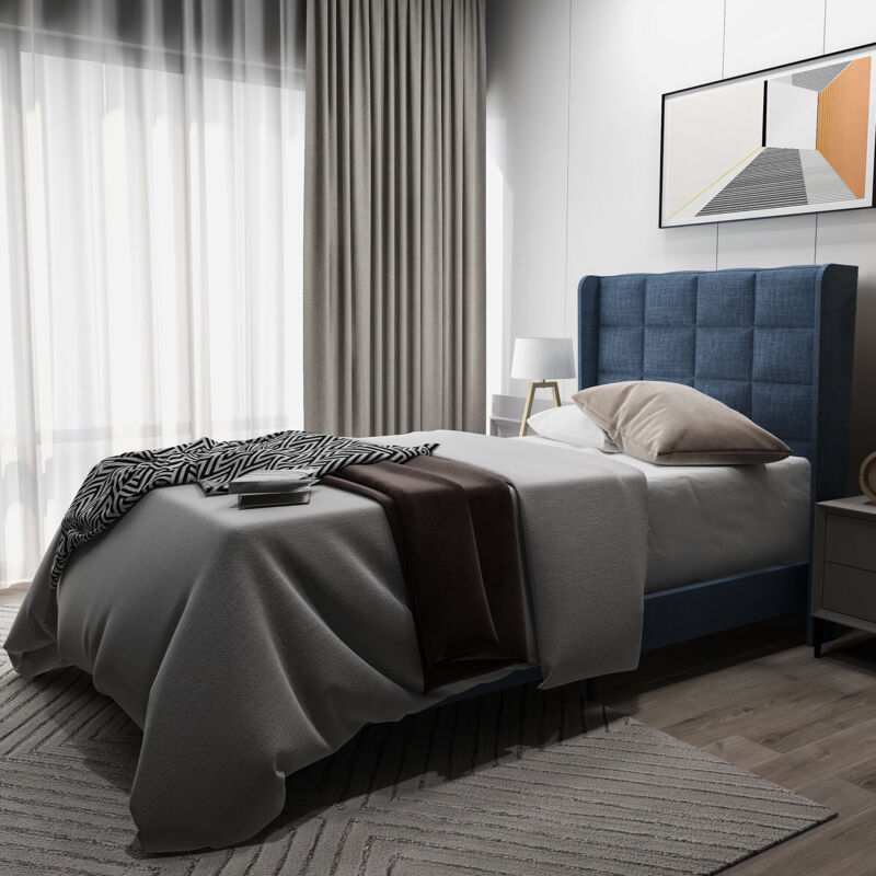 foto del prodotto letto singolo imbottito in lino con testiera e rete a doghe, 90x200 cm, blu senza materasso 
