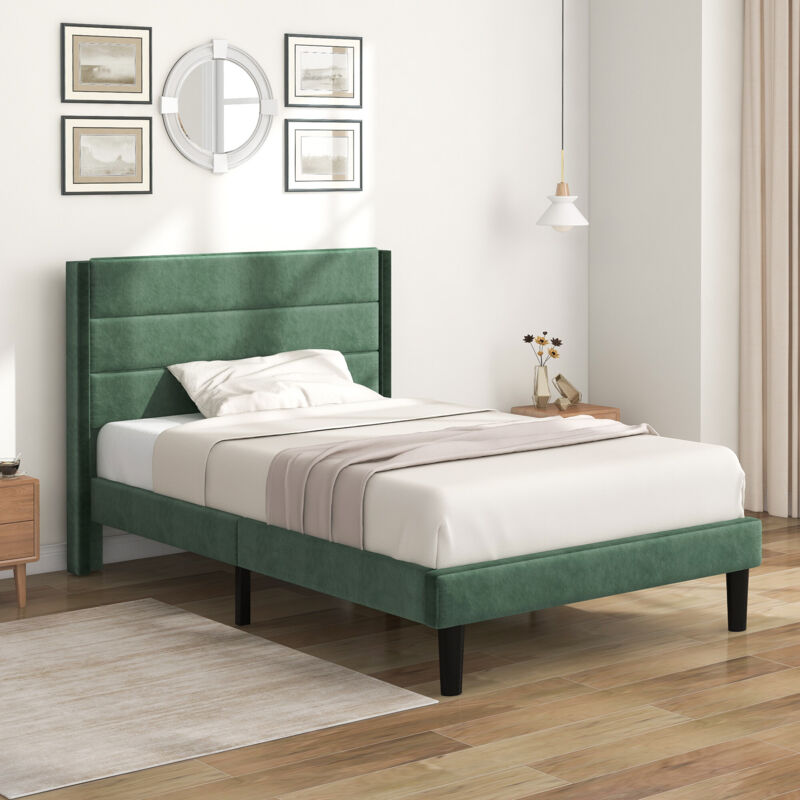 foto del prodotto letto singolo imbottito in velluto con rete a doghe e testiera cm 90 x 200 verde scuro