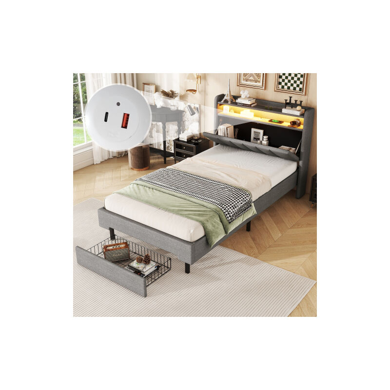 foto del prodotto letto singolo imbottito per adulti 90 x 200 cm con lampada riscaldante a led, presa usb, testiera pieghevole, grigio, senza materasso