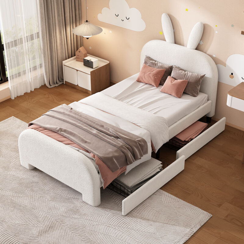 foto del prodotto letto singolo imbottito per bambini 90 x 200 cm a forma di coniglio dei cartoni animati con 2 cassetti, bianco