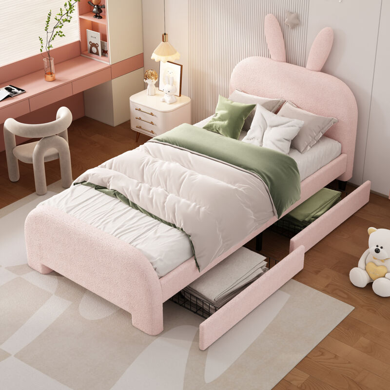 foto del prodotto letto singolo imbottito per bambini 90 x 200 cm a forma di coniglio dei cartoni animati con 2 cassetti, rosa